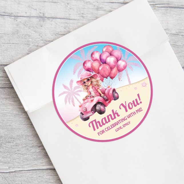 Adesivo Aniversário de Praia Convertível Rosa Personalizad (A fun personalized thank you sticker adds a special touch to a girl's birthday party.)