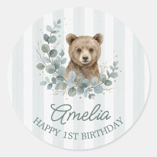Adesivo Aniversário de Urso Marrom Fofo em Aquarela