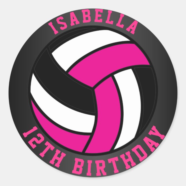 Adesivo Aniversário de Voleibol Rosa, Negro e Branco (Frente)