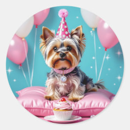 Adesivo Aniversário de Yorkie Rosa Fofo