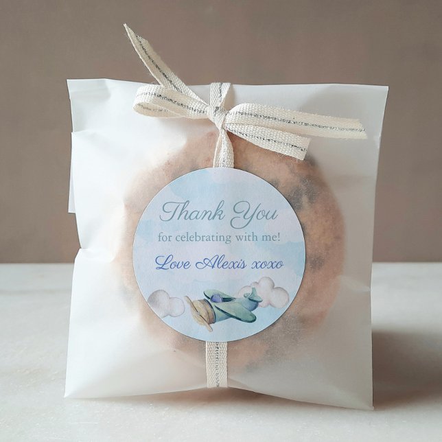 Adesivo Aniversário do Chá de fraldas de Avião Brinquedo - (Watercolor Toy Airplane Thank You Favor Stickers for baby shower or child birthday party)