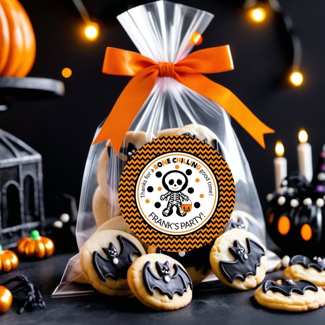 Adesivo Aniversário do Dia das Bruxas do Esqueleto Laranja (Criador carregado)