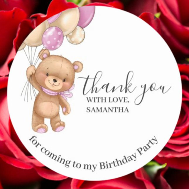 Adesivo Aniversário do Teddy Bear PINK Balões Obrigado (Express heartfelt gratitude with our Teddy Bear PINK Balloons Birthday Thank You Sticker)
