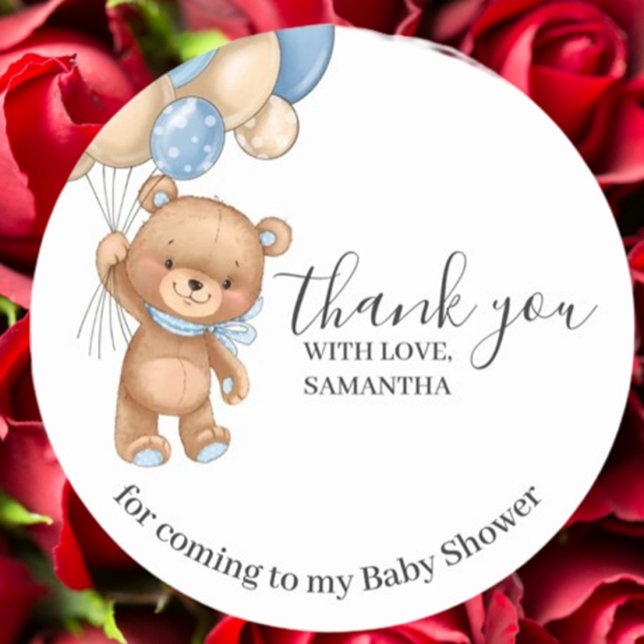 Adesivo Aniversário do Urso de Teddy Obrigado Blue Boy (Express heartfelt thanks with our Teddy Bear Balloons Birthday Thank You Blue Boy Sticker)