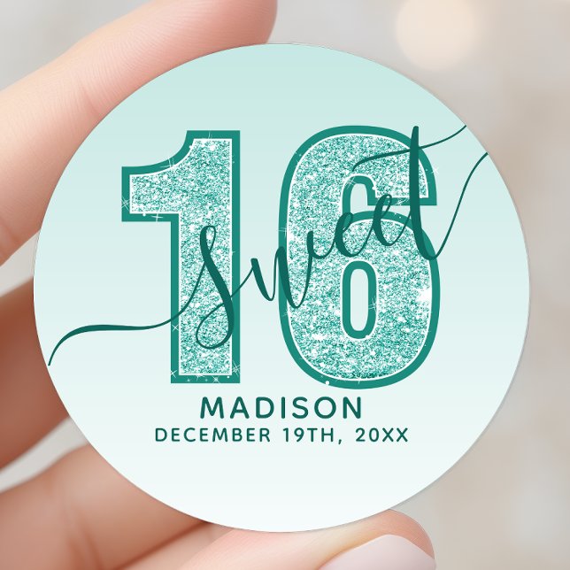 Adesivo Aniversário Doce 16 Script Glitter Água Teal (Criador carregado)