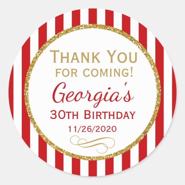 Adesivo Aniversário Dourado Vermelho Obrigado Por Vir As E (Frente)