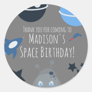 Adesivo Aniversário Espacial Tema Alien Azul Cinza