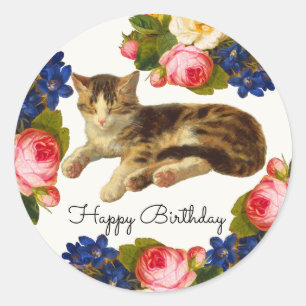 Adesivo Aniversário Feliz Floral Gato Adormecido Vitoriano