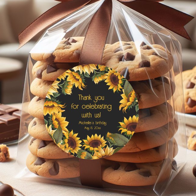 Adesivo Aniversário Negro Amarelo - Aniversário Obrigado (Sunflowers on black birthday party "Thank you" sticker)