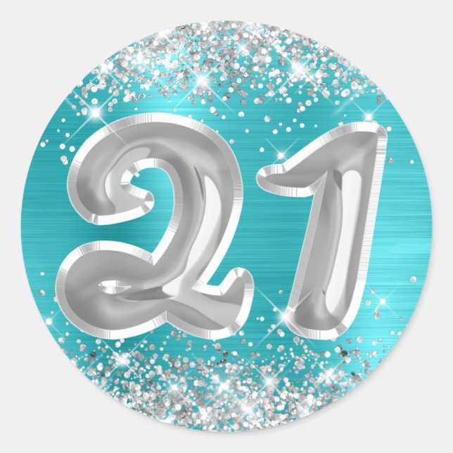 Adesivo Aniversário Número 21 Azul Turquesa Brilho Prata (Frente)