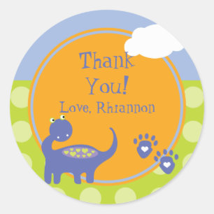 Adesivo Aniversário roxo do dinossauro com obrigado dos