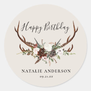 Adesivo aniversário rústico botânico floral personalizado