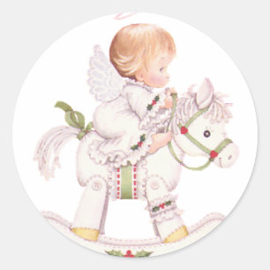 Adesivo Anjo Fofo em um Cavalo de Balanço Branco de Natal