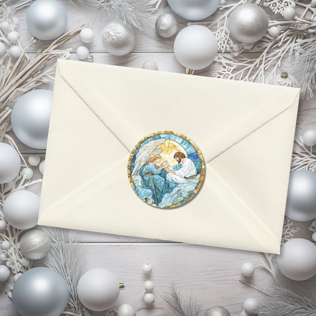 Adesivo Anjo Religioso Vidro Colorido Festa Azul (Religious Angel Stained Glass Holiday Blue Classic Round Sticker)