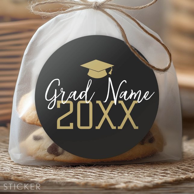 Adesivo Ano Grande - Nome e Boné do Formando - Dourado Pre (Custom Graduation Sticker - Favor Stickers or Envelope Label)