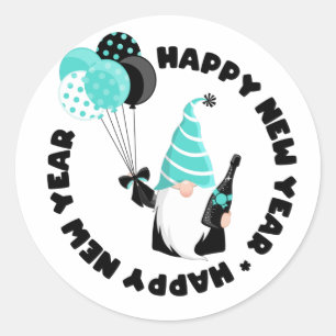 Adesivo Ano Novo Feliz do Gnome Verde-azulado e Preto