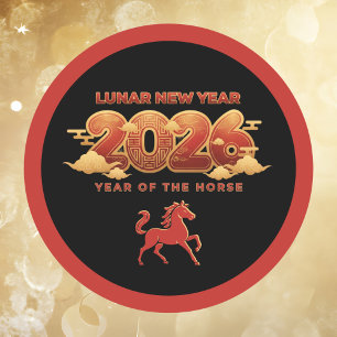 Adesivo Ano Novo Lunar 2026 Ano do Cavalo Vermelho Preto