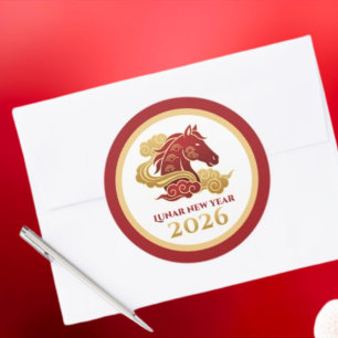 Adesivo Ano Novo Lunar Chinês 2026 Cavalo Vermelho e Doura