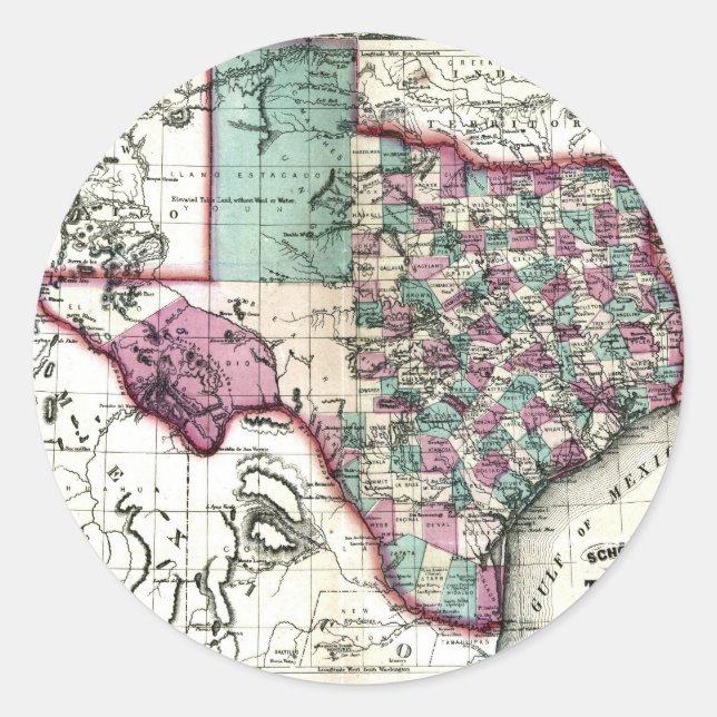Adesivo Antigo mapa do Texas de 1866 (Frente)