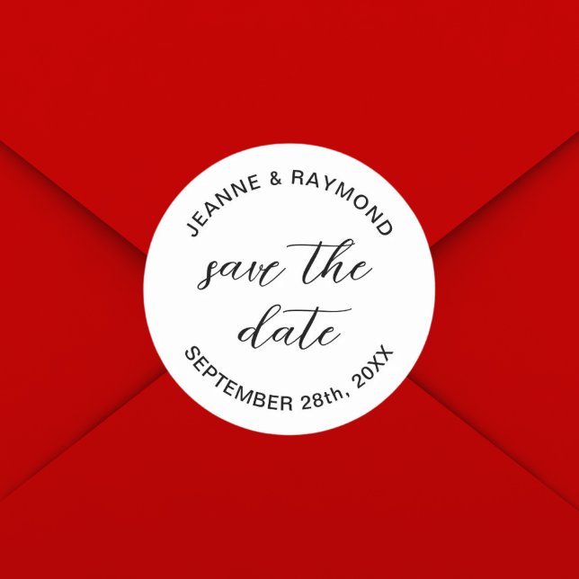 Adesivo Anúncio de casamento simples e limpo Salve a data (Simple clean save the date sticker adds elegant clarity to wedding announcements.)