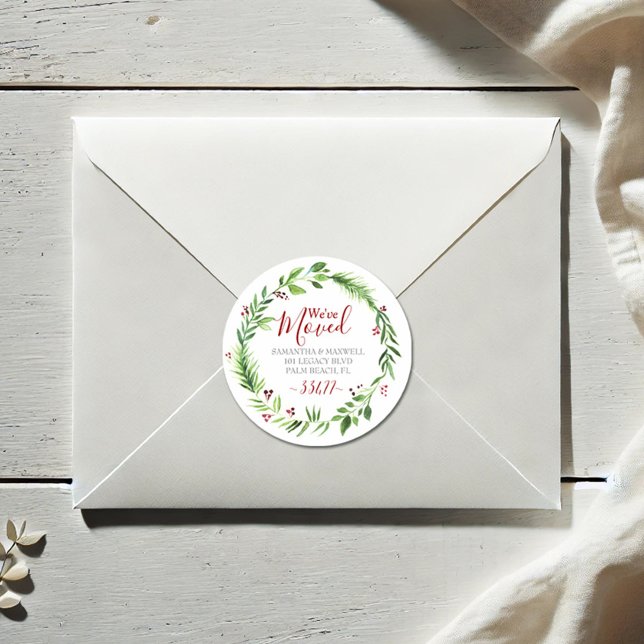 Adesivo Anúncio de Movimentação da Greenerescência de Nata (Christmas return address envelope seal watercolor red berries & greenery art Victoria Grigaliunas)