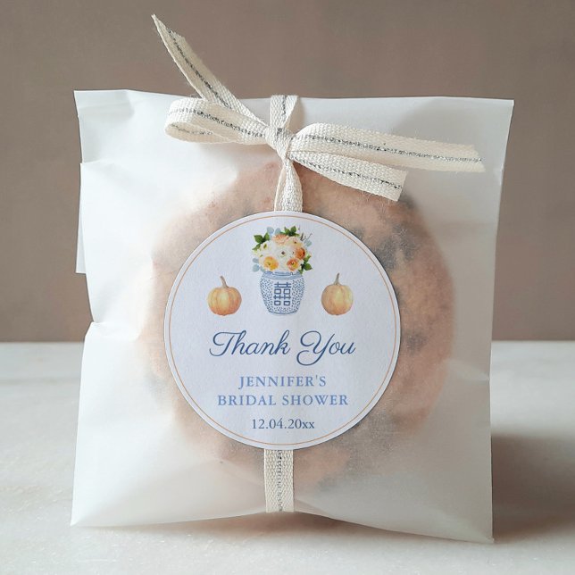 Adesivo Apaixonar-Se Pumpkins Chá de panela de outono (Chinoiserie Chic Fall Baby or Bridal Shower Favor Stickers with watercolor orange pumpkins)