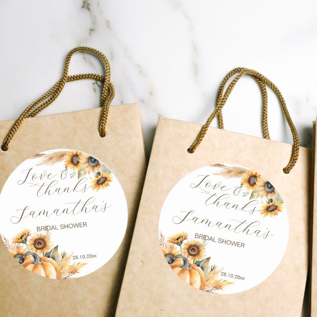 Adesivo Apaixone-se boho abóbora girassóis obrigado (Fall in love boho pumpkin sunflowers bridal shower thank you favor stickers fall themed earthy desrt)