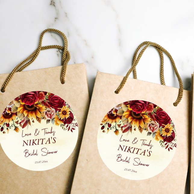 Adesivo Apaixonem-se rosas burlões girassóis obrigado-te (Fall bridal shower sunflowers burgundy roses thank you favor stickers)