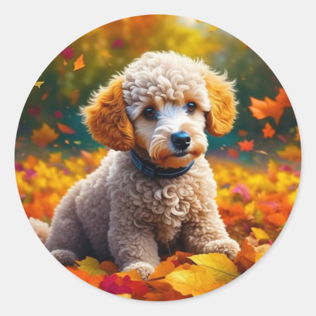 Adesivo Apricot Poodle Puppy em Folhas de Queda (Frente)