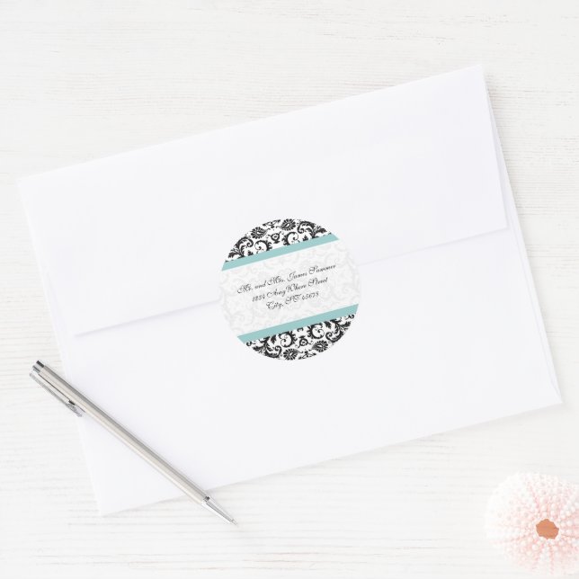 Adesivo Aqua Blue Black Damask Address Stickers (Envelope)
