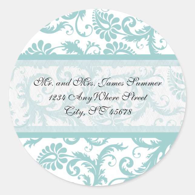 Adesivo Aqua Blue em White Damask Address Stickers (Frente)