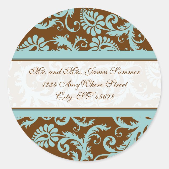 Adesivo Aqua Blue no Brown Damask Address Stickers (Frente)