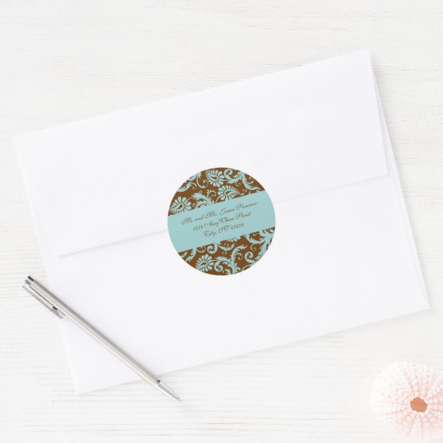 Adesivo Aqua Blue no Brown Damask Address Stickers (Envelope)