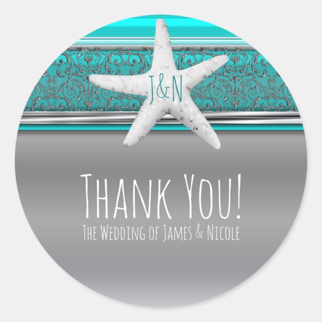 Adesivo Aqua & Silver Starfish Elegant Beach Wedor Favor (Frente)