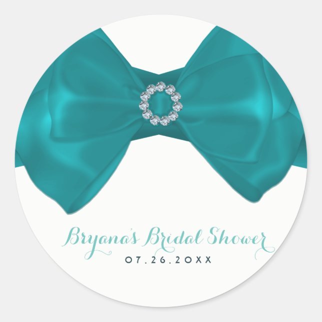 Adesivo Aqua Teal Ribbon & Diamantes Bridal Shower Elegant (Frente)