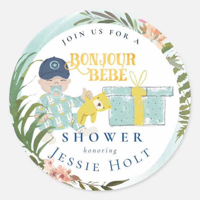 Adesivo Aquarela Aqua Bonjour Boy BabyClassic Round (Frente)