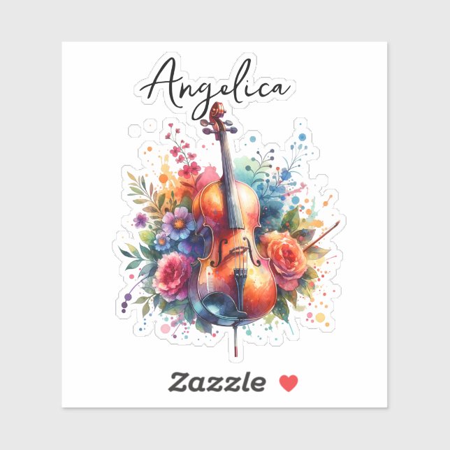 Adesivo Aquarela Cello e Flores Personalizadas (Folha)