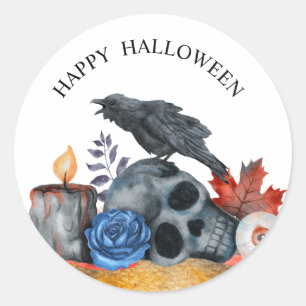 Adesivo Aquarela de crânio de corvo no Halloween