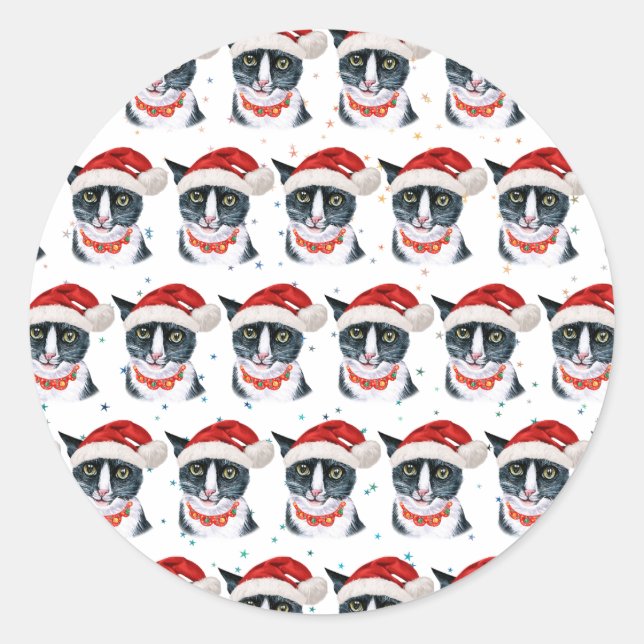 Adesivo Aquarela de Gato Preto e Branco Engraçado de Natal (Frente)