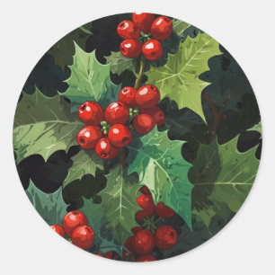 Adesivo Aquarela de Natal folhas de bagas de azevinho botâ