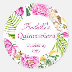 Adesivo Aquarela Floral Peônias Rosadas Limões Quinceañera