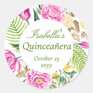 Adesivo Aquarela Floral Peônias Rosadas Limões Quinceañera