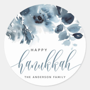 Adesivo Aquarela Flores Azuis Feliz Hanukkah Caligrafia