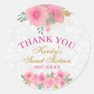 Adesivo Aquarela Flores Rosa Folha de Ouro Sweet 16