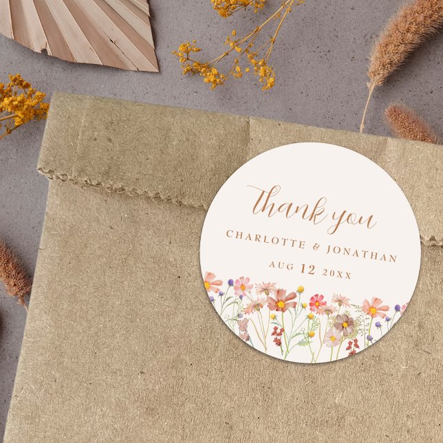 Adesivo Aquarela Flores Silvestres Casamento Boho (Boho fall Wildflower Wedding thank you favor stickers watercolor florals elegant script burnt orange)
