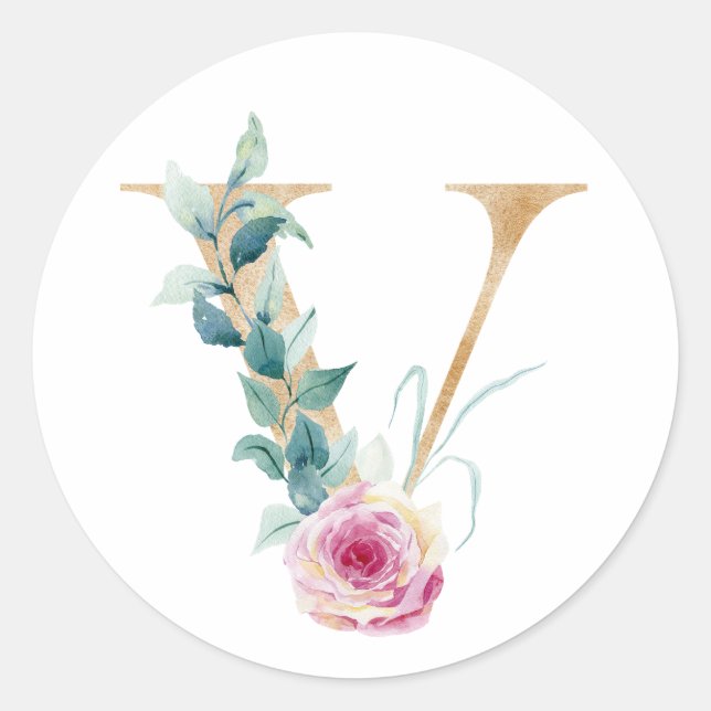 Adesivo Aquarela letra V com rosas. Personalize adicionand (Frente)
