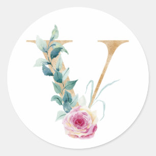 Adesivo Aquarela letra V com rosas. Personalize adicionand