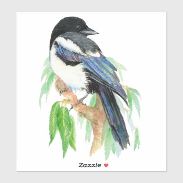 Adesivo Aquarela Magpie Garden Bird Nature Art (Folha)