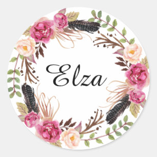 Adesivo Aquarela Rosa Elegantes Flores e penas 