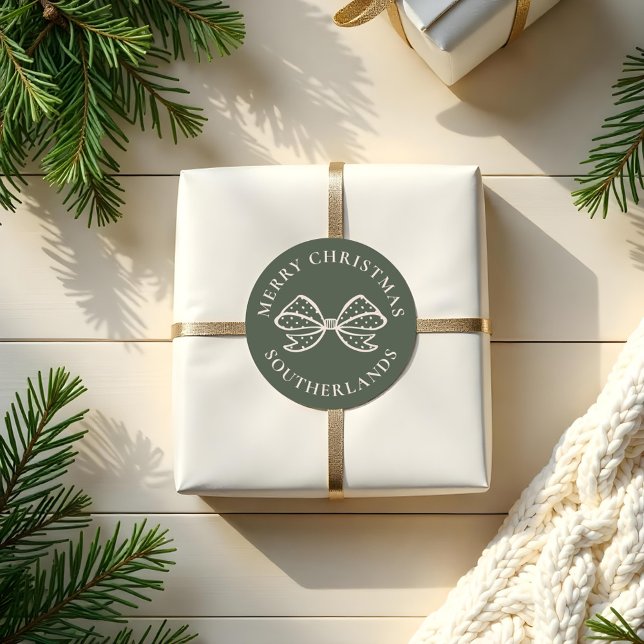 Adesivo Arco de Bolinhas Feliz Natal (Merry Christmas Chic Holiday Polka Dot Bow Classic Round Sticker)